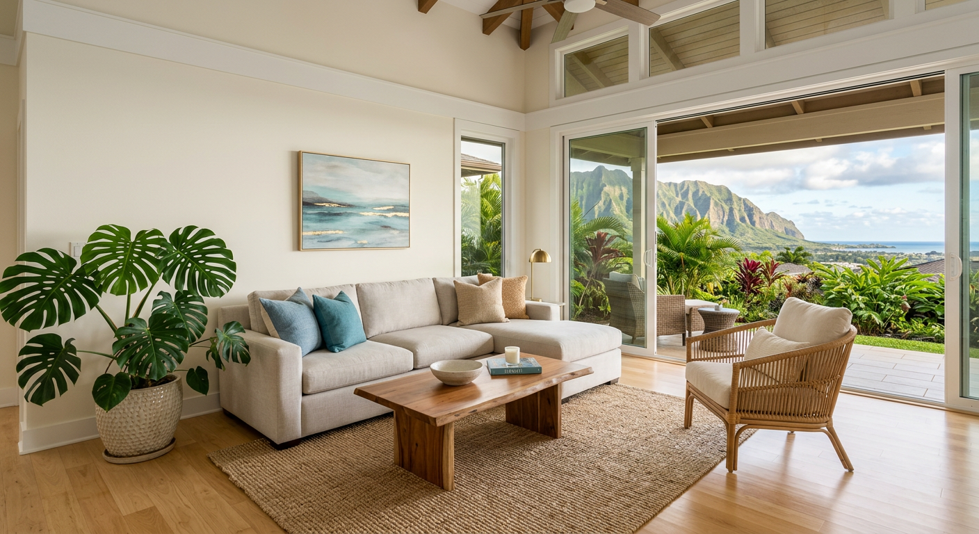 A staged Kailua living room with open lanai doors looking out toward the Koʻolau mountains.