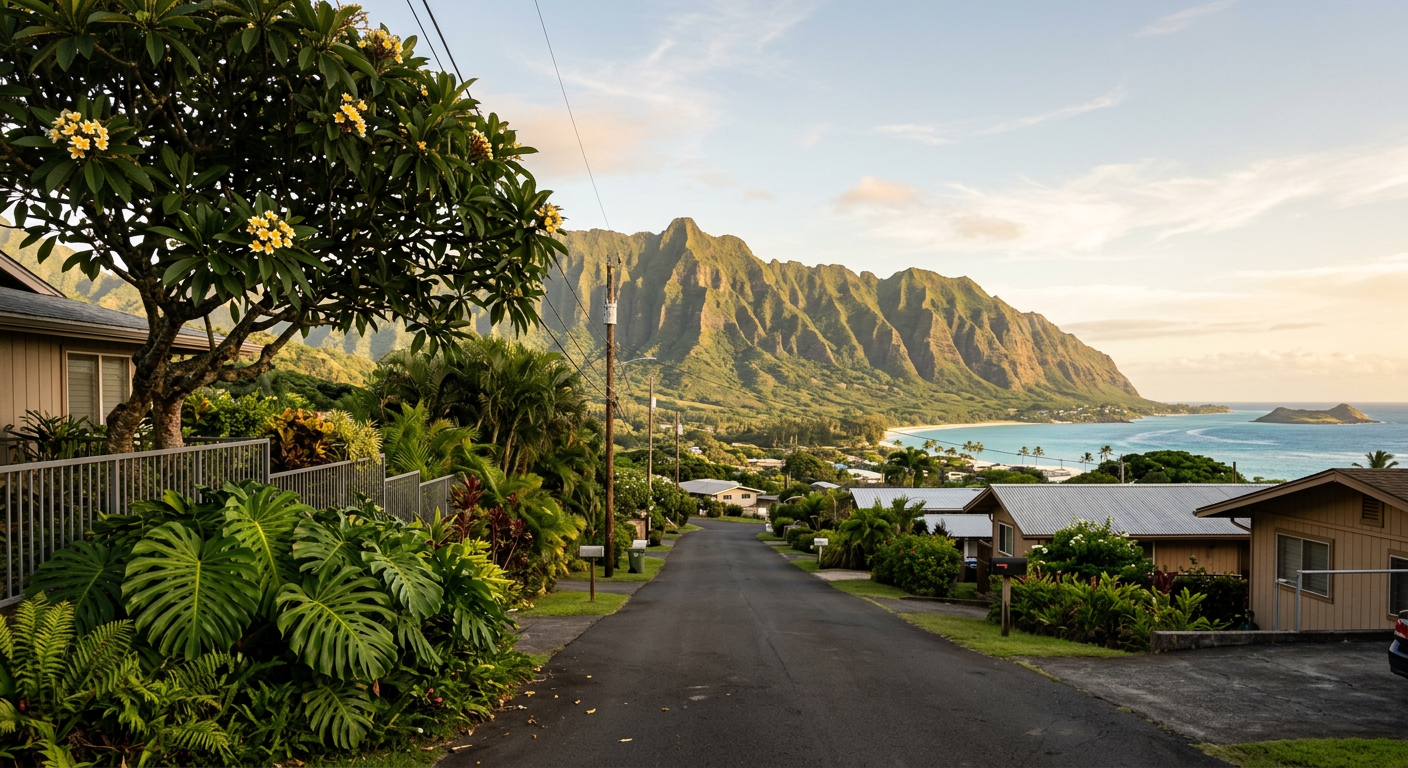 The Koʻolau mountain range above a quiet residential street on Windward Oʻahu