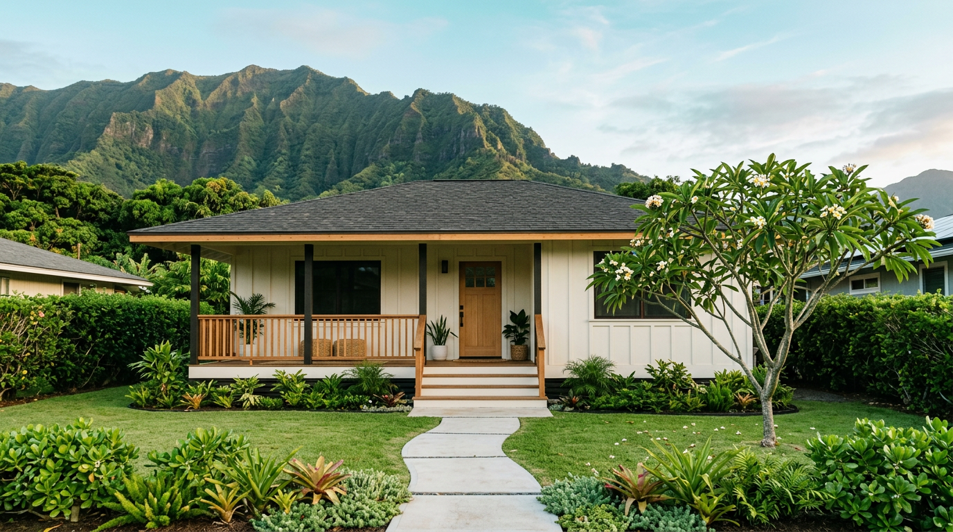 Single-story Kailua home with a front lanai and trimmed tropical yard, Koʻolau ridge behind in morning light