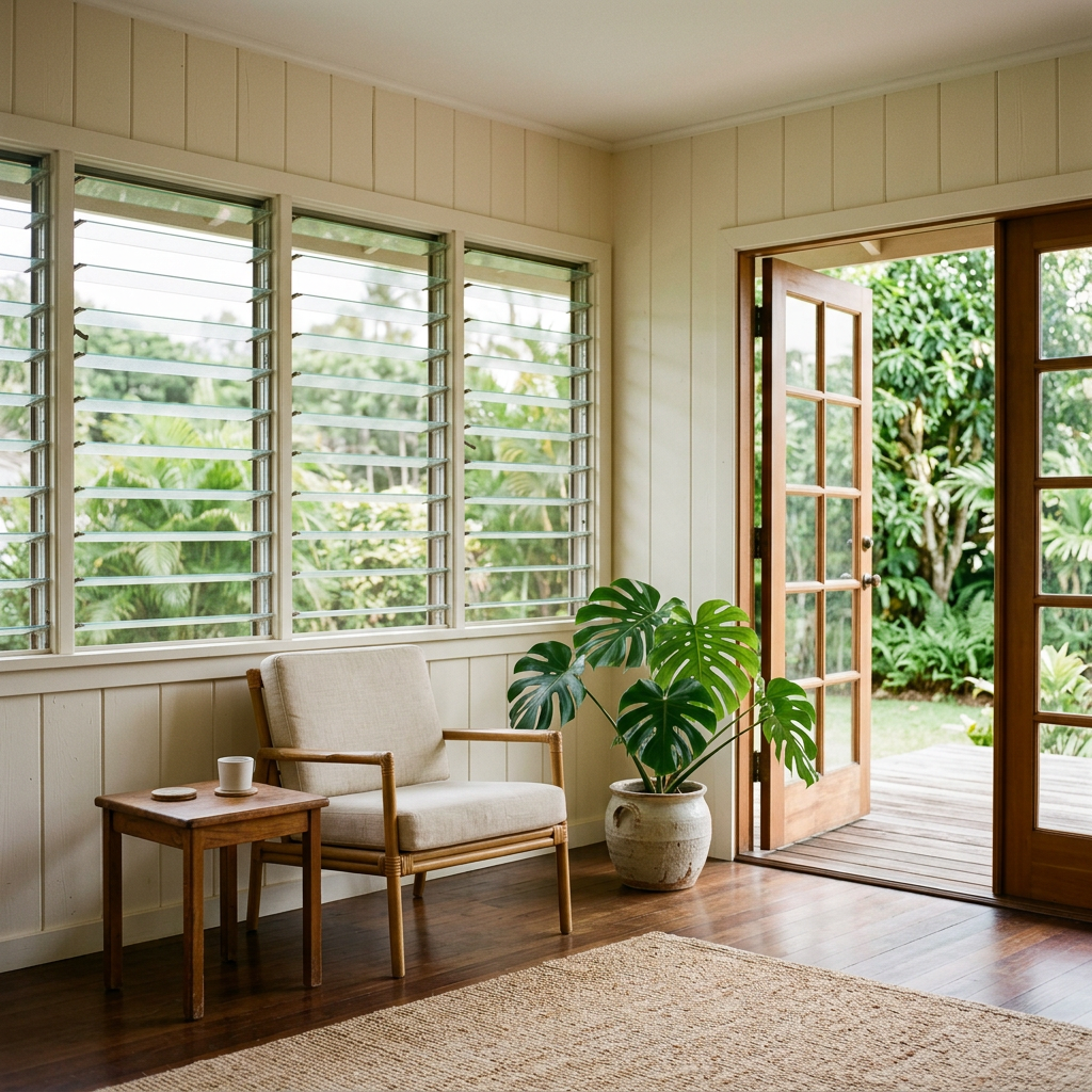 Staged living room of an older Kailua home with jalousie windows and lanai doors open to the yard