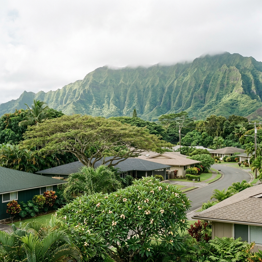 Elevated view across a Kailua residential street with the Koʻolau ridge behind