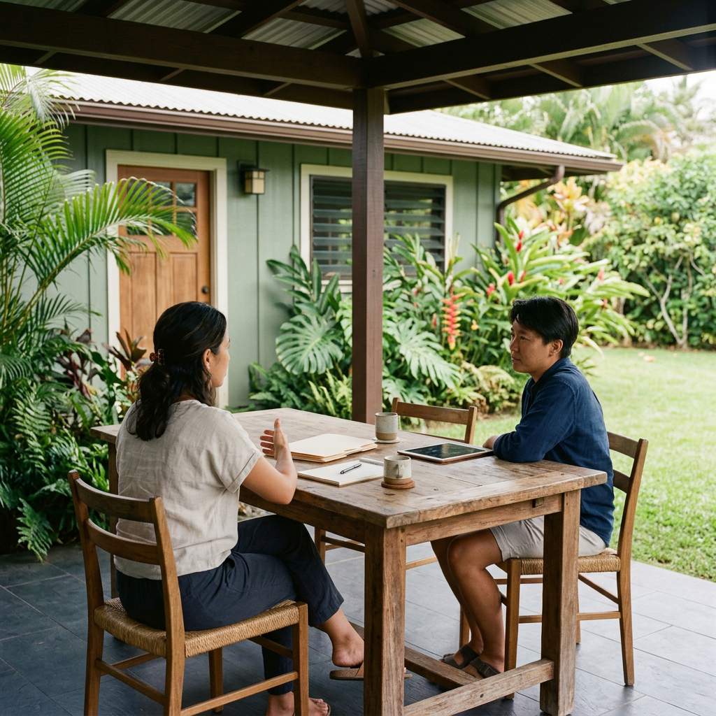 A listing consultation underway at a lanai table outside a Kailua home