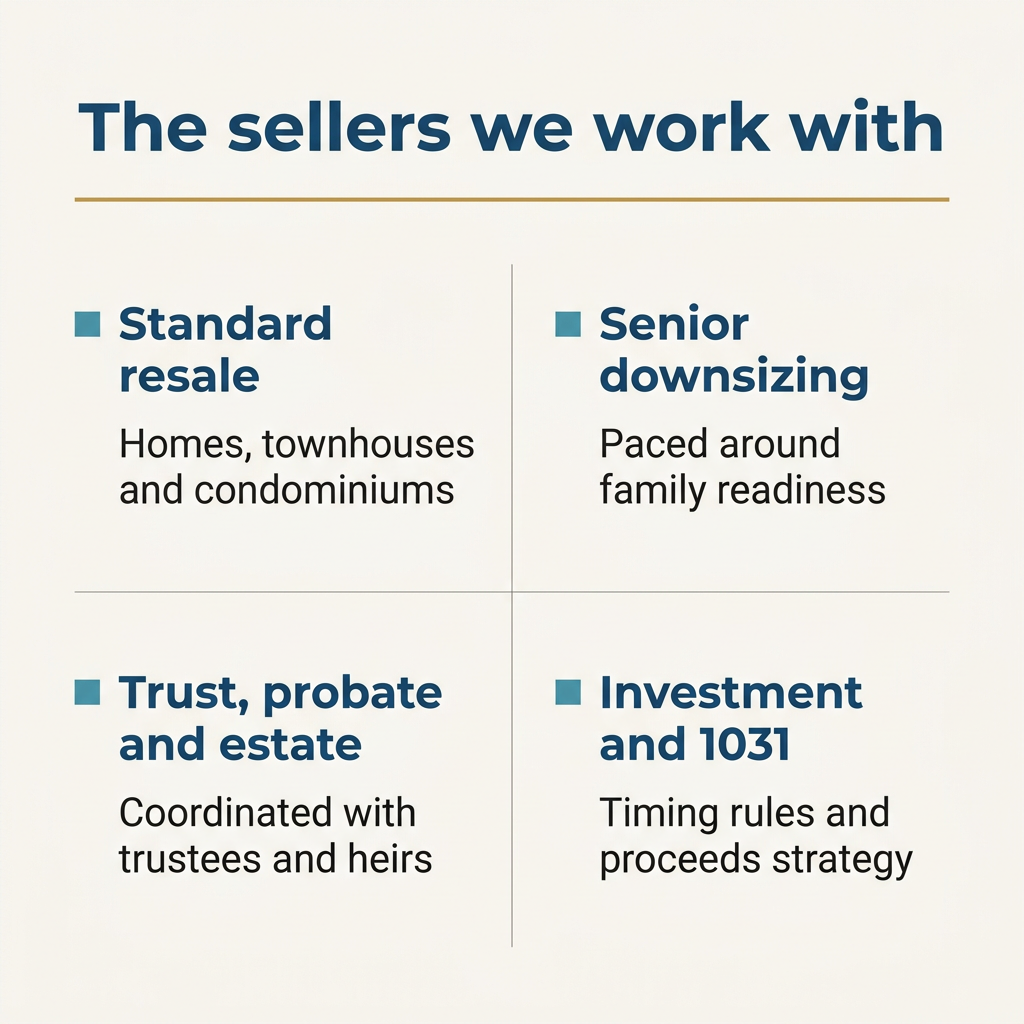 The four seller situations Team Wong Hawaiʻi handles: standard resale, senior downsizing, trust and estate sales, and investment and 1031 exchanges