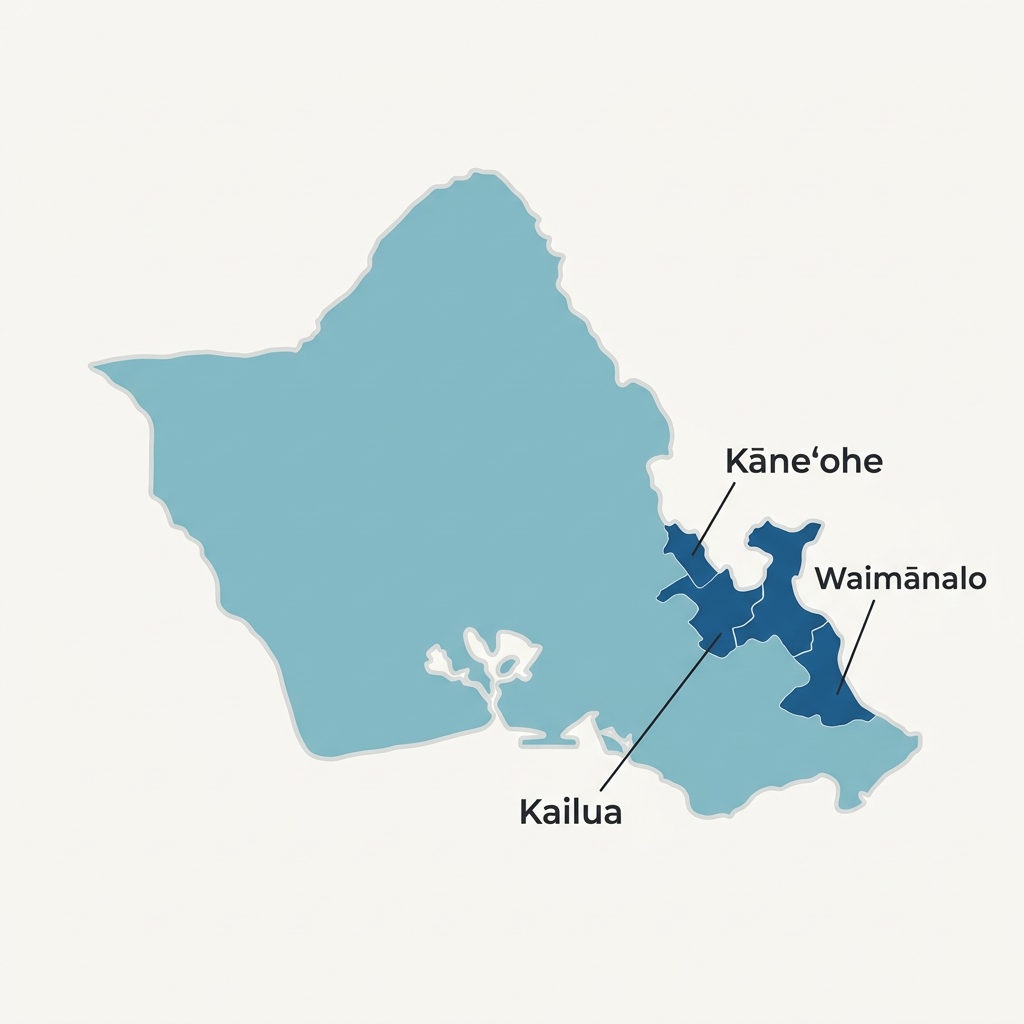 Map of Oʻahu with Kailua, Kāneʻohe and Waimānalo marked as Team Wong Hawaiʻi's core Windward market